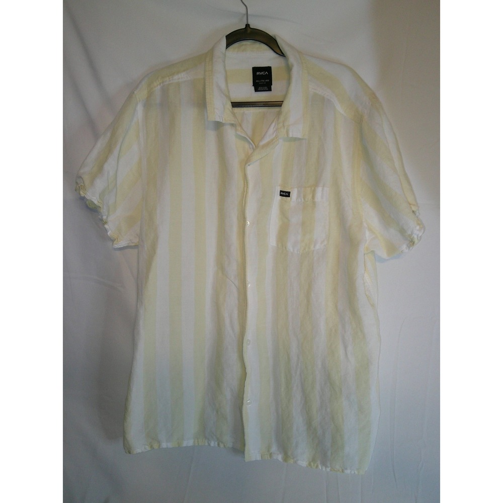 RVCA XXL Mens‎ Yellow Striped Button Down Short Sleeve Shirt Easy Fit